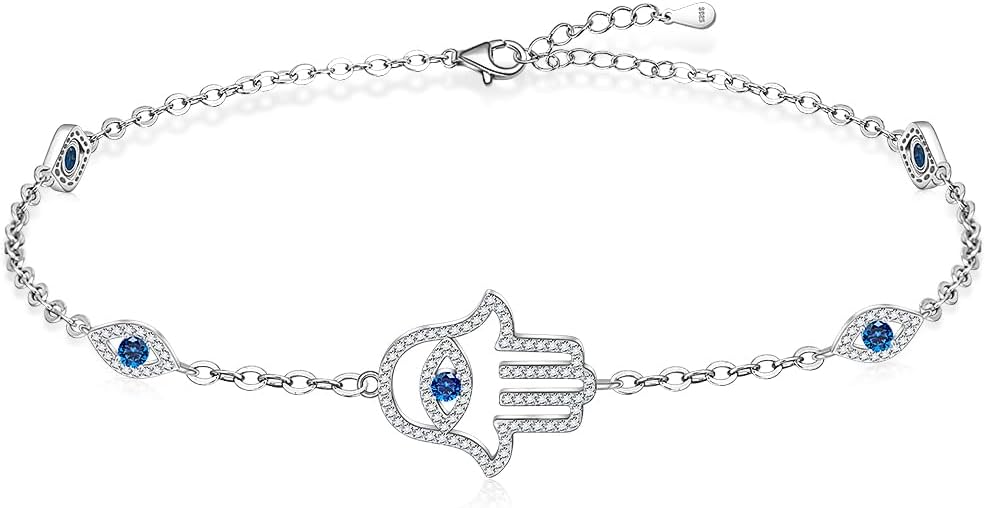 Hamsa Hand Bracelet Evil Eye Bracelets Sterling Silver Blue Evil Eye Hamsa Bracelet for Women Greek Jewelry Turkish Amulet Protection Charm Adjustable
