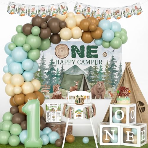 One Happy Camper Birthday Decorations, First Birthday Decorations, Camping 1st Birthday Party Decor, Green Backdrop Balloon Banner Cake Topper Crown Poster Cutout Balloon Boxes 114 PCs