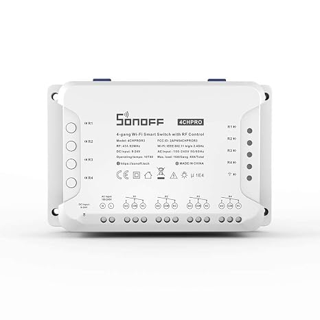 Sonoff 4CH Pro R3 Wi-Fi Smart Switch 4-Gang Din Rail Mounting Home Automation,Self-Locking/Interlock Control Home Appliances, RF/APP/Voice/LAN Control, Compatible with Alexa