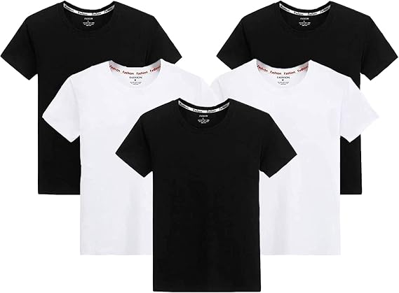 Aquiver Men's T-Shirt, Inner Shirt, Underwear, 100% Cotton, Short Sleeve, Set of 5, V Neck, Crew Neck, Antibacterial, Odor Resistant, White, Black, White, Plain