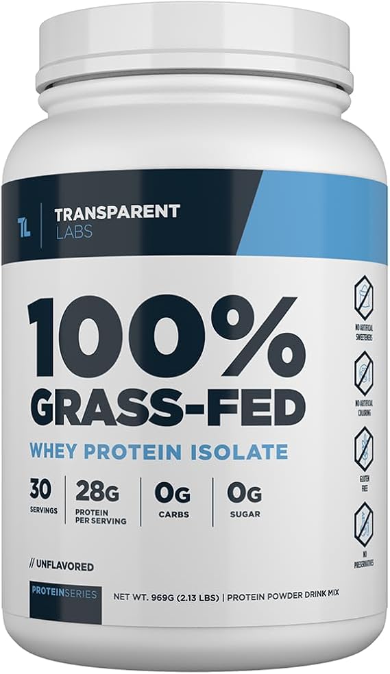 Transparent Labs Grass-Fed Whey Protein Isolate - Naturally Flavored, Gluten Free Whey Protein Powder with 28g of Protein per Serving & 9 Amino Acids - 30 Servings, Unflavored