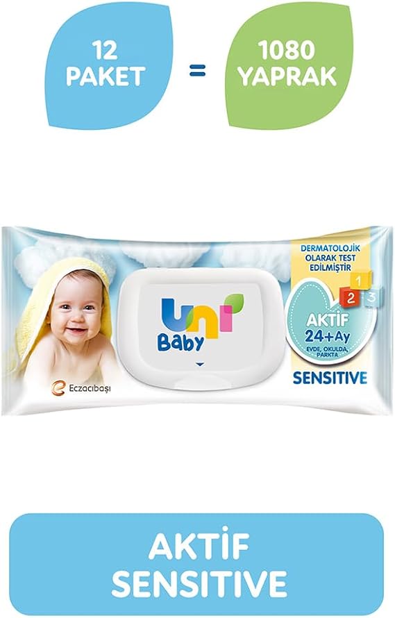 Uni Baby Active Sensitive Baby Wet Wipes 24+ Month 12x90 Pieces