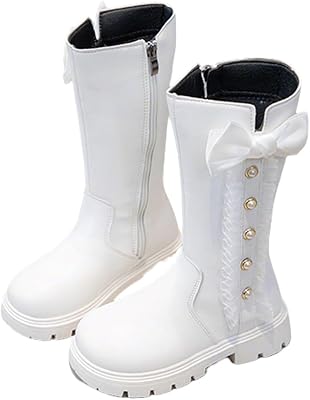 kkdom Girls Knee High Riding Boots Cute Bow Riding Boots Non Slip Side Zipper Boots Fur Lined Tall Waterproof Winter Boots