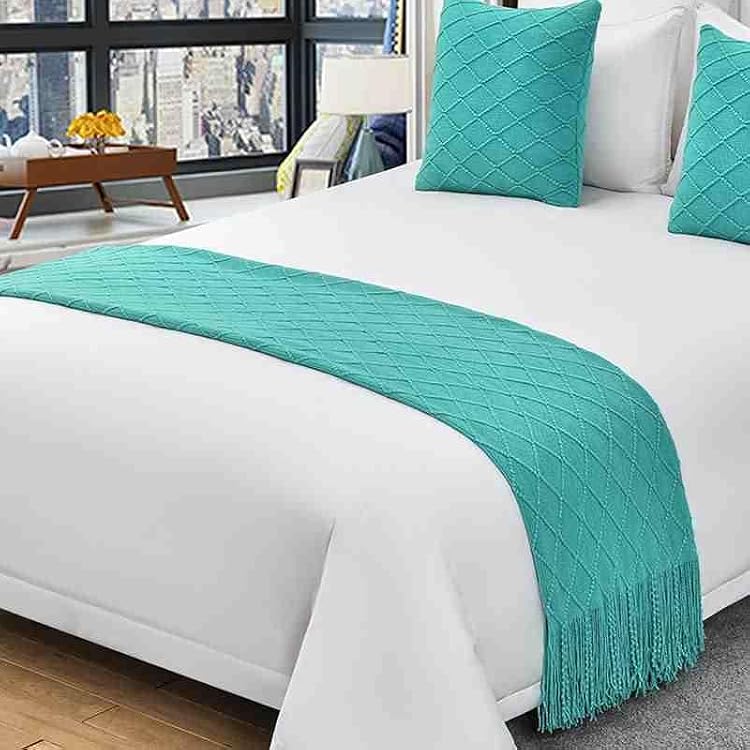 Knit Bed Scarf Hotel Bed Runners with Tassel Luxury Throw Blanket Woven Sofa Throw Modern Bedspreads Decoration Soft Bedding Protective Bed Tail Towel-Green||Queen