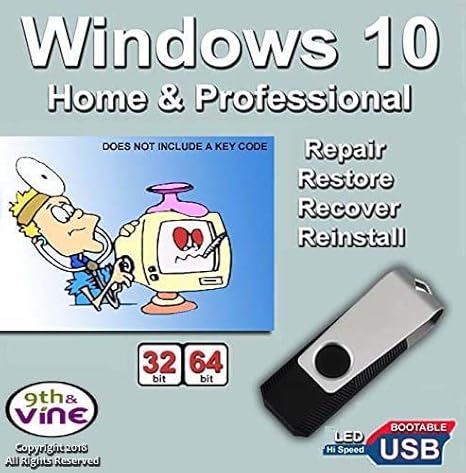 9th & Vine USB Flash Drive Compatible With Windows 10 Home & Professional 32/64 bit. Install, Repair, Restore & Recovery USB Drive For Legacy Bios