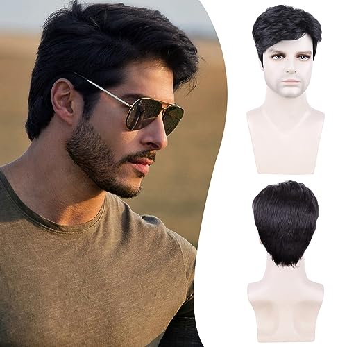 PHOCAS Mens Wig, Short Mens Black Wig Layered Natural Fluffy Synthetic Wig for Men Heat Resistant Halloween Cosplay