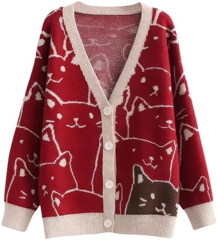 ebossy Women's Kawaii Cartoon Cat Cardigan Japanese Aesthetic Button Down Jacquard Knit Sweater Coat
