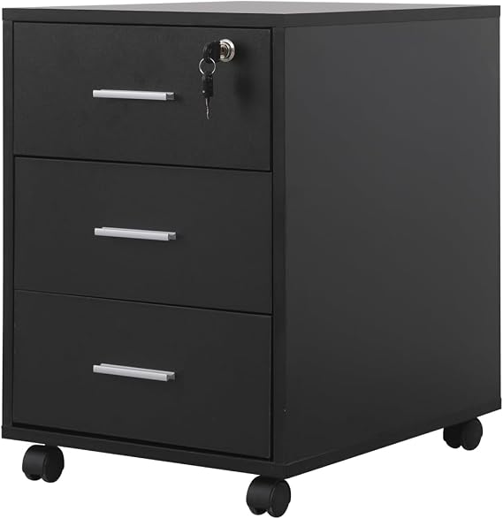 Mobile Lockable File Storage Cabinet with 3 Drawers on Wheels Under Desk Wood Beside Cabinet Pedestal for Unit Document Home Office Printer Stand Filing Side Drawers Nightstand on Caster (black#2)