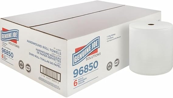 Genuine Joe Hardwound Roll Towels, White, 7" x 850', 6 Count