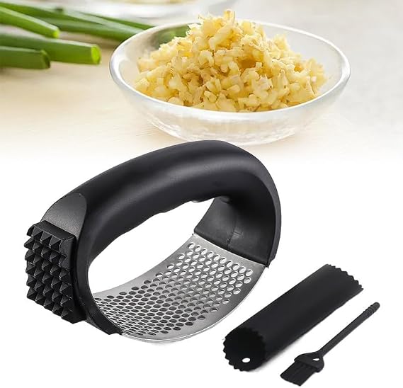 2026 New Upgraded Garlic Press Rocker, Stainless Steel Garlic Press, Garlic Crusher with Peeler and Cleaning Brush, Garlic Chopper for Crush Garlic Kitchen Gadgets, Kitchen Tools (Black)