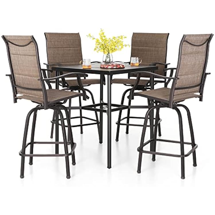 PHI VILLA 5 Piece Patio Bar Set, High Top Outdoor Table and Chairs for 4 with Swivel Padded Bar Stools Outside and Square Metal Bar Bistro Table for Garden, Deck and Poolside