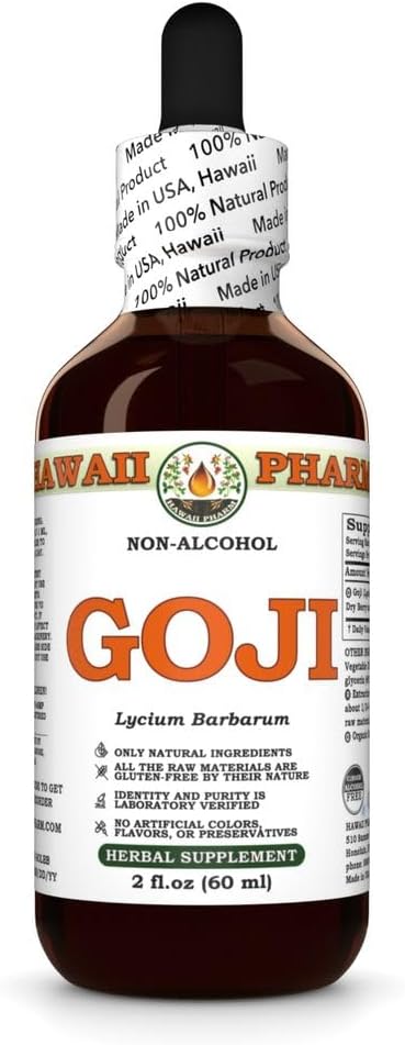 Goji (Lycium Barbarum) Dry Berry Glycerite, Made in Hawaii, Raw Materials, All Natural, Vegan, Lab Tested Alcohol-Free Liquid Extract - 2 fl.oz