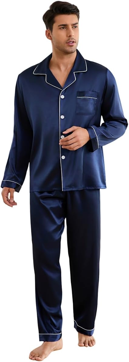 Silk Pajamas for Men Long Sleeve Pj Set Men's Pajama Sets Button-down Satin Silk Pjs Mens Pajamas Set Pjs S ets