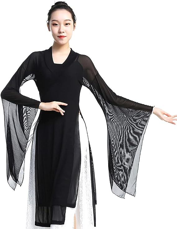 Women's Sheer Flowy Hanfu Top Flared Sleeve Wrap Front Side Split See Through Long Robe Chinese Classical Dance Wear