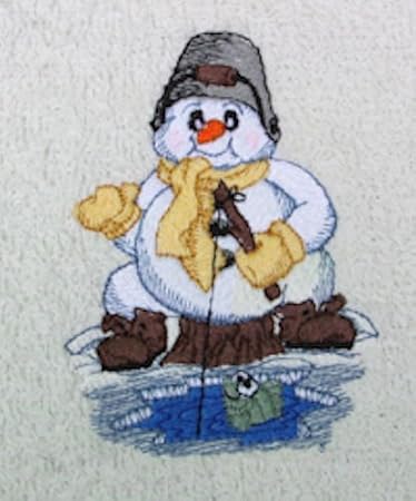 Bath Towel Set with Embroidered Snowman that is Fishing - Navy Blue