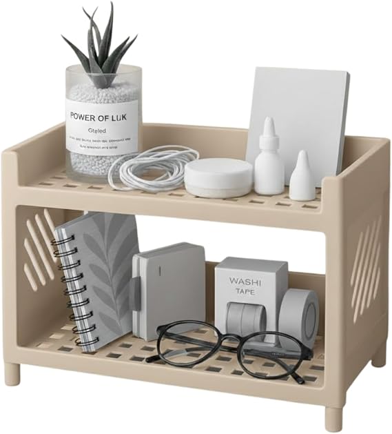 Çok Amaçlı 2 Katlı Organizer Raf – Plastik Düzenleyici Stand – Banyo, Mutfak, Masaüstü ve Ofis İçin – 25 x 18 cm (Bej)