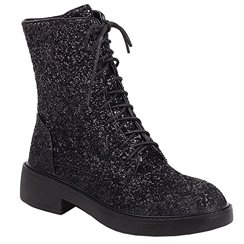 YIYA Womens Lace Up Glitter Sequin Combat Boots Round Toe Chunky Low Heel Side Zipper Sparkly Ankle Booties