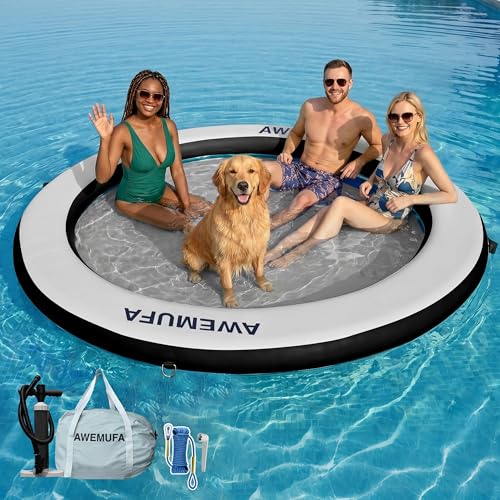 AWEMUFA 8ft Water Hammock 8 inches Thick Round Float Ring with Mesh Lake Floats for Adults Heavy Duty Circle Floating Mat for Pool Inflatable Water Raft for Summer Parties