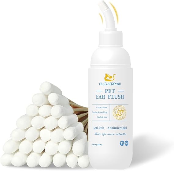 Tris Flush Cat & Dog Ear Cleaner | Pet Ear Infection Treatment | Hypoallergenic pet flush with PHMB. Cleans ear canal & removes odor safely. Includes 20 cotton swabs. 4 fl oz.