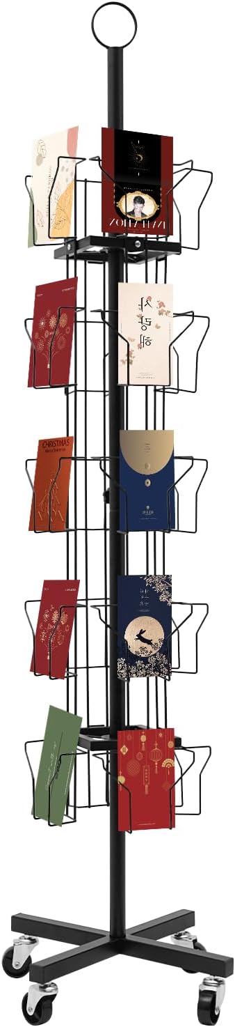 20 Pocket Greeting Card Display Stand, 6"x 8 6-Tier Rotating Greeting Card Rack Display Stand, Spinning Pocket Rotating Holder, Metal Post Card Holder w/Wheels, for Shop Exhibitions Office (Black)