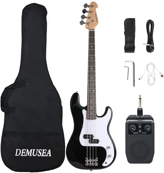 Full size 4strings electric p bass guitar kit package black color with 5W portable plug and play amplifier travel amp set with strap gig bag bundle for beginner starter practice (BKPB-30)
