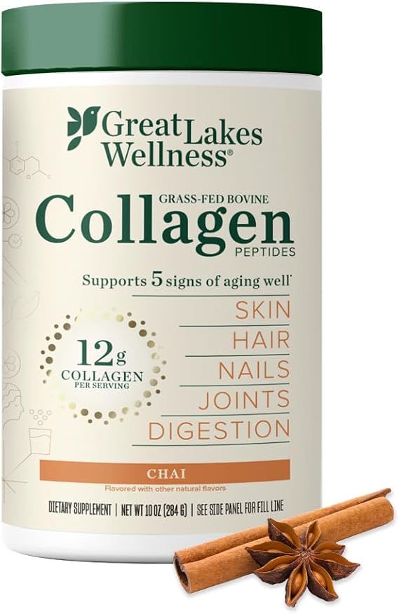 Great Lakes Wellness Collagen Peptides Powder Supplement for Skin Hair Nail Joints - Chai Flavored - Quick Dissolve Hydrolyzed, Non-GMO, Gluten-Free, No Preservatives, Halal - 10 oz Canister