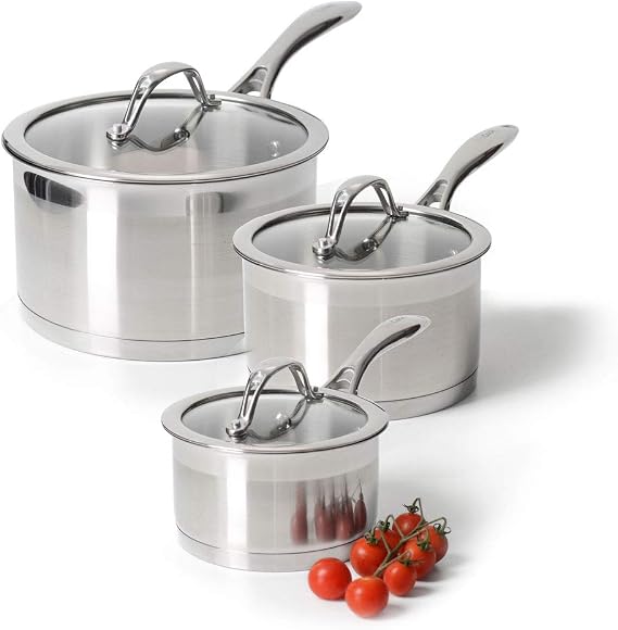 ProCook Professional Stainless Steel Saucepan Set Uncoated Induction & Oven Safe Pans with Glass Lids Dishwasher Safe Cookware - 3 Piece, 14/16/18 cm, 1.2/1.9/2.6 L