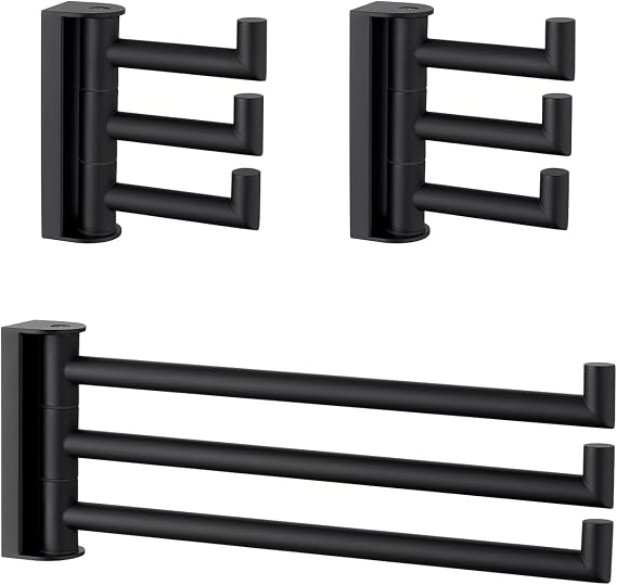 Angle Simple 3 Bars Folding Towel Hook 2 Pack Bundle with Triple Swivel Towel Holder (Matte Black)