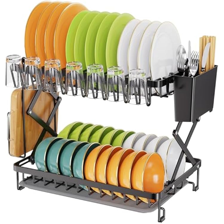 Glovv 2 Tier Collapsible Dish Drying Rack, Dish Racks for Kitchen Counter, Space Saving Kitchen Sink Organizer with Utensil Holder for Dishes, Spoons and Forks, Black