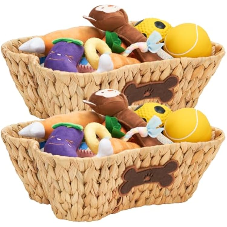 ELONG HOME Wicker Basket for Pet Toys, 2 Pack Stylish and Natural Dog and Cat Toy Basket, Dog Storage Organizer with Bone Shape