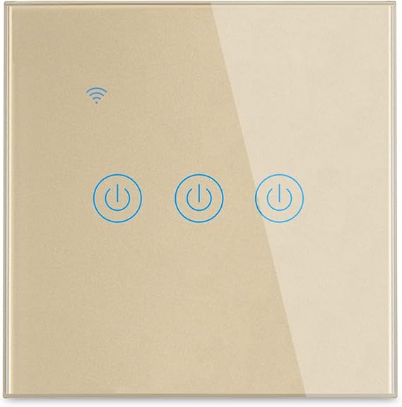 Smart Wall Light Switch - APP & Voice Control, Timing Function, Tempered Glass Panel with LED Indicator, Wireless, Neutral Wire Required (Gold, 3 Gang)