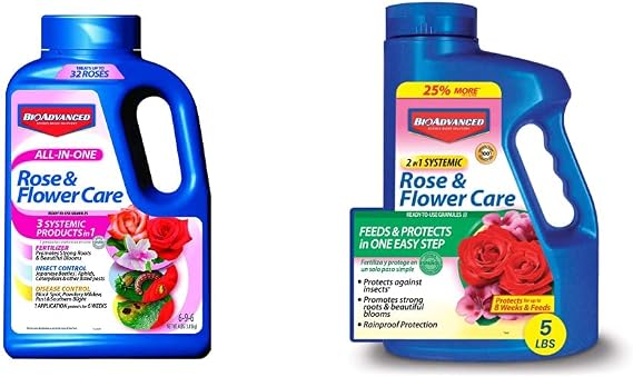 BioAdvanced All-in-One Rose and Flower Care, Granules, 4 lb with BioAdvanced 2-in-1 Systemic Rose and Flower Care II, Granules, 5 lb