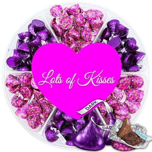 Mothers Day Chocolate Candy Gift Box, Hershey Milk Chocolate Kisses Assortment in Pink and Purple Foils, Heart Adorned 6 Sectional Tray Gift Basket for Wife, Mom, Chocolate Gift for Women