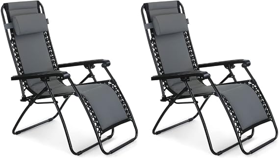 VonHaus Premium Padded Zero Gravity Chairs - Heavy Duty Textoline Outdoor Folding & Reclining Sun Loungers with Head Pillows & Steel Frames for Patio, Conservatory or Decking (Set of 2, 2)