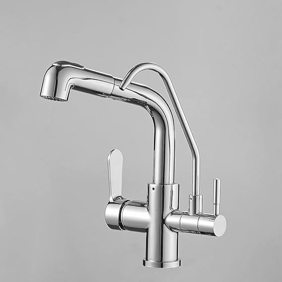 3 Way Filter Tap for Kitchen Sink Kitchen Mixer Tap with Pull Out Spray with 2 Modes Spray Dual Handles Sink Mixer Tap Drinking Purifier Water Tap -Chrome