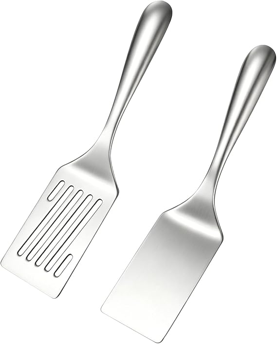 2-Piece Stainless Steel Barbecue Turner Set Slotted Turner and Spatula Dishwasher Safe for Plancha Grill Plate Frying Plate Burgers Eggs and