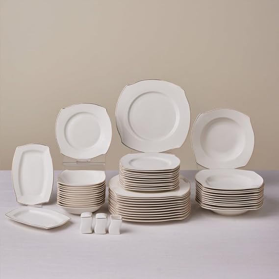 Karaca Wave 53-Piece Dinner Set for 12 People Fine Bone Porcelain with Plates Bowls Square Serving Plates Salt and Pepper Shakers Elegant and Perfect for Special Occasions