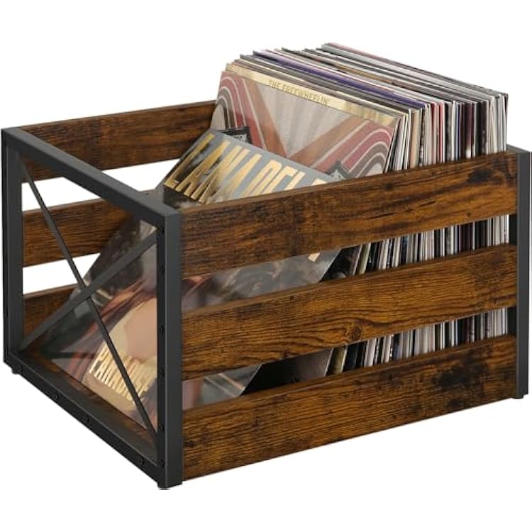 YINMIT Vinyl Record Storage, Large LP Vinyl Record Storage Crate, Metal & Wooden Record Holder, Cube Record Organizer Box, Holds up to 80 Records