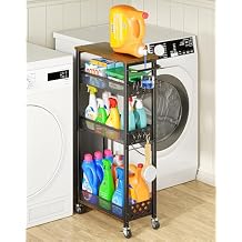 OKZEST Laundry Room Organization Cart with Detergent Dispenser - 4-Tier Slim Rolling Storage for Between Washer & Dryer, Fits Tall Bottles, Rustproof Metal Mesh Shelves, Chic Wood Top & Premium Wheels