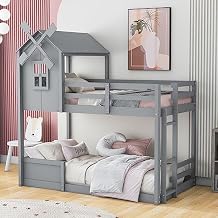 House Shaped Bunk Bed Twin Over Twin, House Loft Bed with Window and Guardrails Treehouse Bed for Boys Girls, White (Grey Twin)
