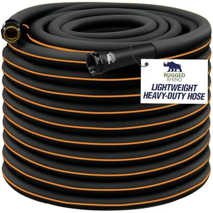 Rugged Rhino Heavy Duty Flexible Light Weight Garden Hose, 75ft x 58in, 4 Layer Leakproof Outdoor Gardening Tools, Watering Supplies, Powerful Water Pressure for Lawn, Flowers, Black Orange