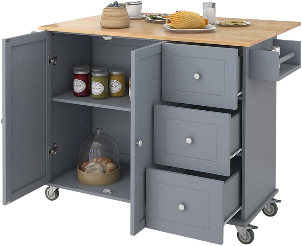 Rolling Kitchen Island with Storage, Kitchen Cart on Wheels with Drop Leaf, 52 Inch Width, One Door Cabinet and Three Drawers Grey Blue