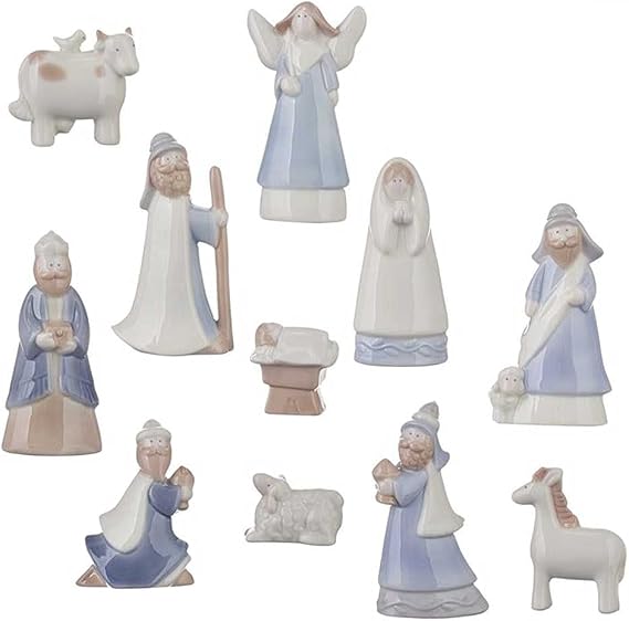 Raz Imports Ceramic Blue and White Tabletop Nativity, 11 Piece Set