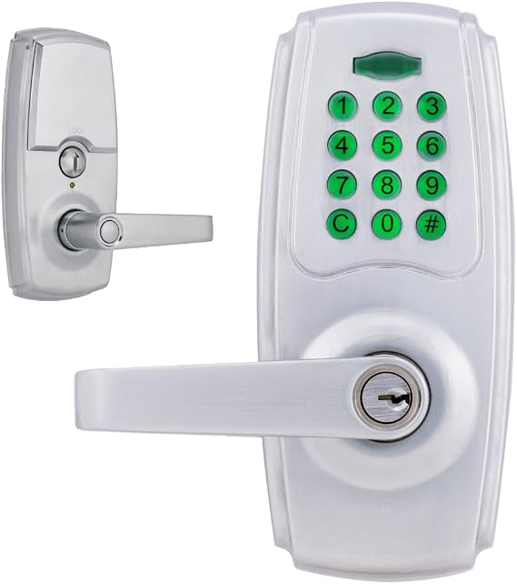 BRINKS ANSI Grade 2 Keypad Door Lock with Handle for Commercial & Residential Use, Keyless Entry Door Lock, 99 User Codes, Auto-Relock, Battery with Backup Keyway (Satin Nickel)