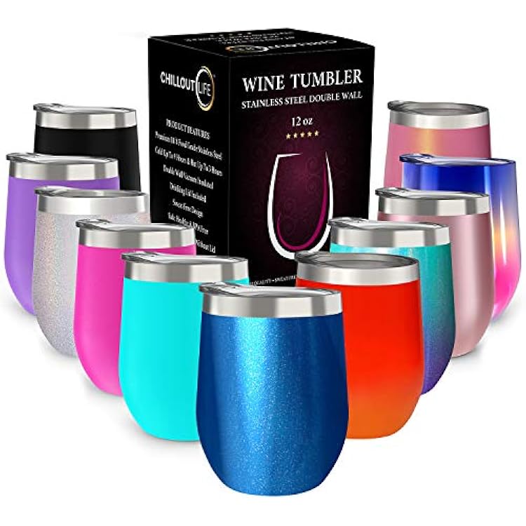 CHILLOUT LIFE 12 oz Stainless Steel Wine Tumbler with Lid - Double Wall Vacuum Insulated Wine Cup Glass Keeping Cold & Hot for Coffee, Champagne, Cocktails, Ice Cream - Blue Sparkle