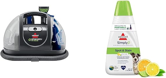 Bundle of Bissell Little Green Pet Deluxe Portable Carpet Cleaner, 3353 + Bissell Simply Spot & Stain Portable Carpet Cleaner Formula, 32 oz, 3368