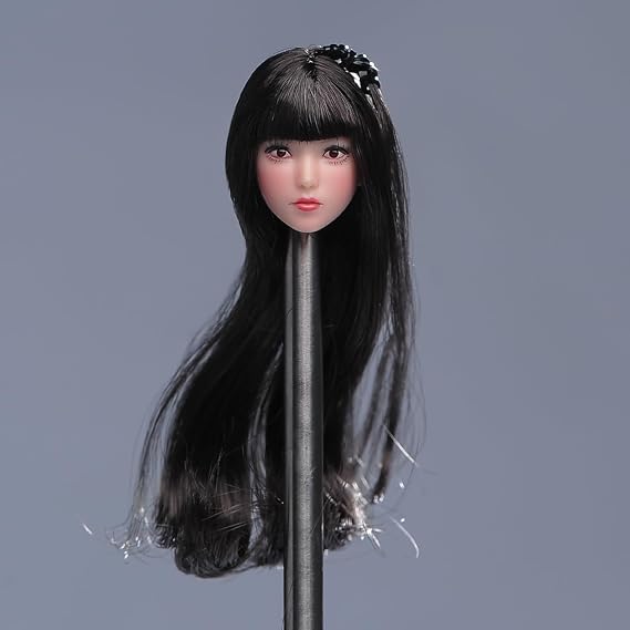 1/12 Scale Female Head Sculpt, 1/12 Cute Girl in Long Hair Head Carved Model for 6-inch Female Action Figure Body Doll Head Accessory (Black)