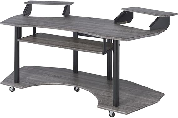 Acme 71" Inch Music Recording Studio Computer Gaming Desk with Wood Storage Keyboard Tray, Wing Shaped & 2 Stands Tray & Botton Shelf, Metal Frame, Casters Included, Easy Assembly, Black Oak Finish