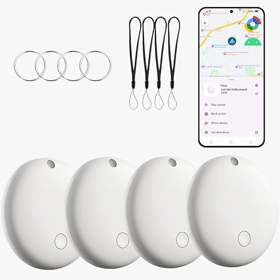 Bluetooth Tracker for Android (White, 4Pack), Works with Google Find My Device App, IP67 Waterproof, Replaceable Battery, Tracker Tag for Keys, Backpack, Suitcases, Travel and Commute