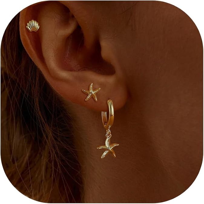 SHERLOVE Gold Earring Stacks Women 3Pairs Dangle Stud Huggie Hoop Set